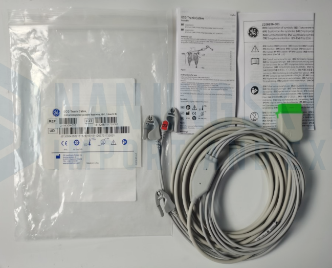 GE Original ECG Trunk Cable, 3-lead W/integrated Grabber Leadwire, IEC, 3.6m/12ft. REF: 2106309-002