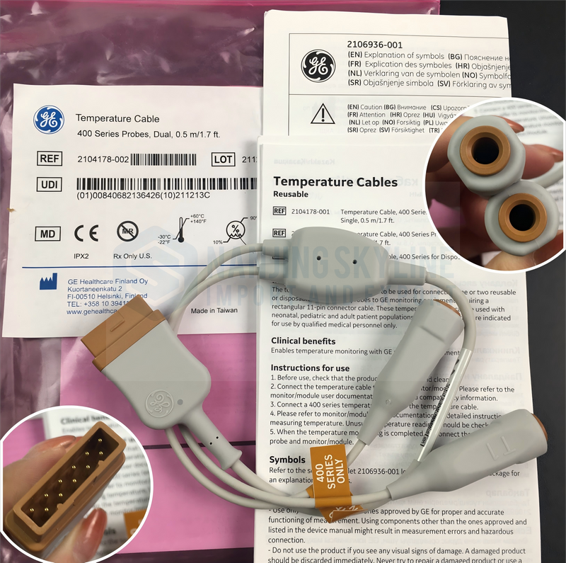 GE Original Imported Split Type Dual Body Temperature Cable 0.5m Machine End Square 11 Pin Order Number 2104178-002