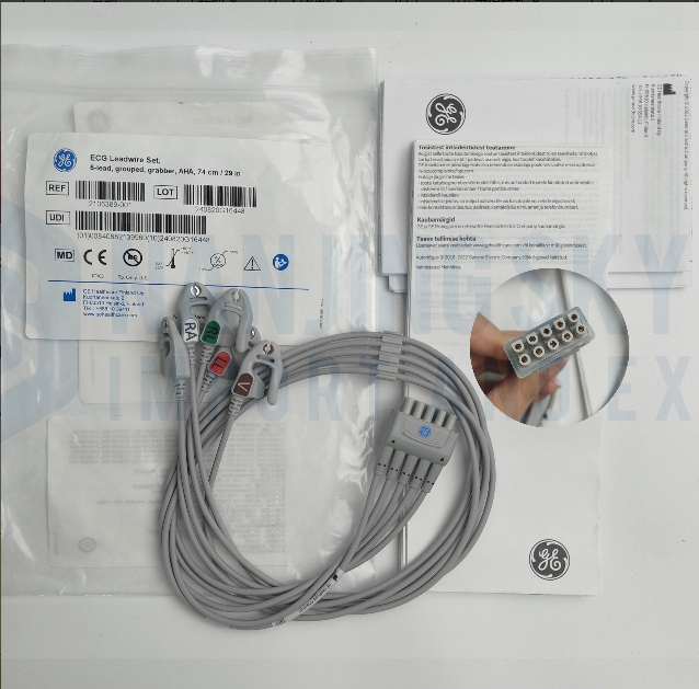 GE Blue Label, Originally Imported, American Standard AHA (Brown V, White RA, Red LL, Black LA, Cyan RL) Adult, Five-Lead, Clip-On, Non-Detachable Cable, 74CM, Order Number 2106389-001