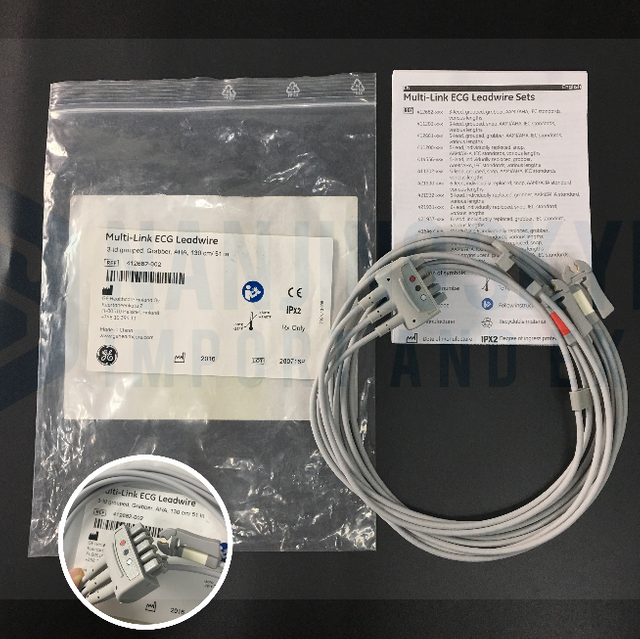 GE Original Multi-Link ECG Leadwire. 3-lead, Grabber, AHA, 130cm/51in. REF: 412682-002